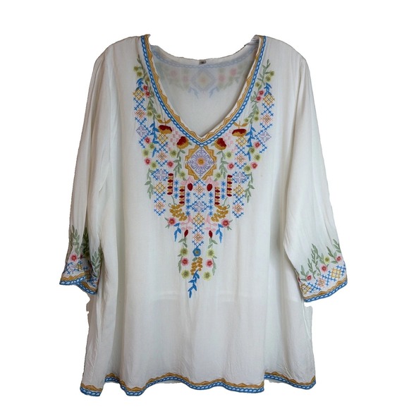 Collections Etc Tops - Feminine Embroidered Tunic Top with Long Tiered Bell Sleeves XL